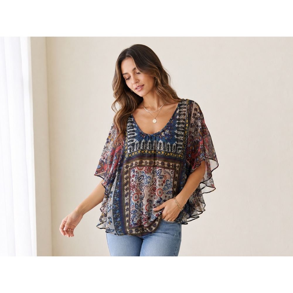Lovepotion Blue Paisley‎ Floral Patchwork Chiffon Poncho Blouse S Boho Whimsi